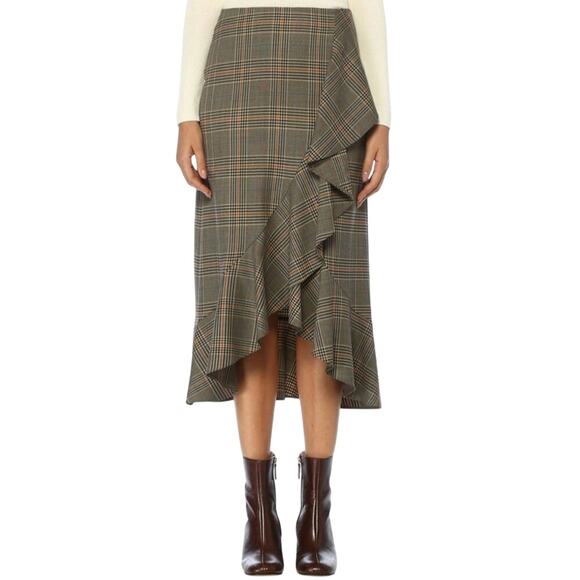 CLUB BEYMEN Midi Skirt Womens 42 12 Plaid Ruffle Academia Preppy Office Career - Picture 1 of 15